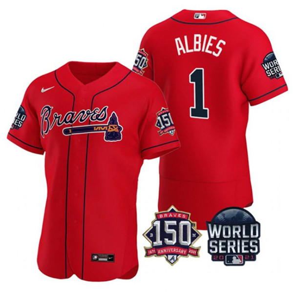 Men's Red Atlanta Braves #1 Ozzie Albies 2021 World Series With 150th Anniversary Patch Stitched Baseball Jersey